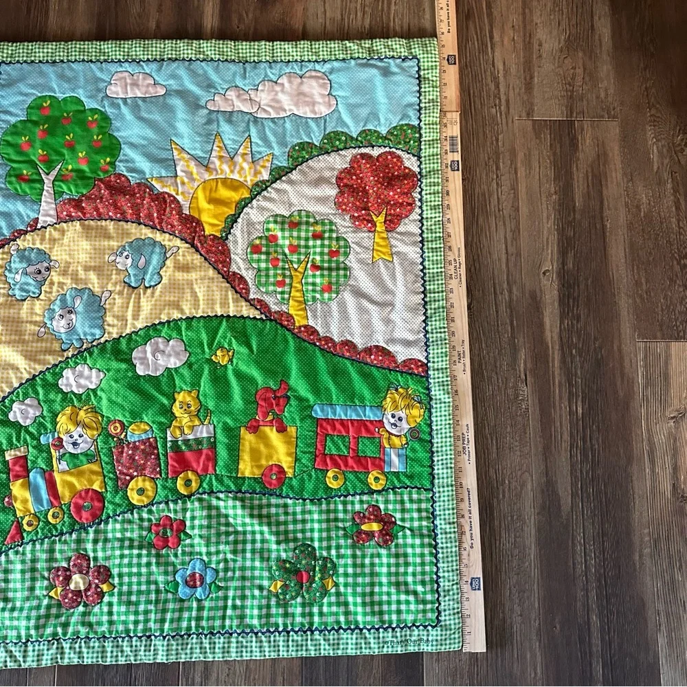That's Our Baby green gingham lightweight quilt train flowers kids VINTAGE